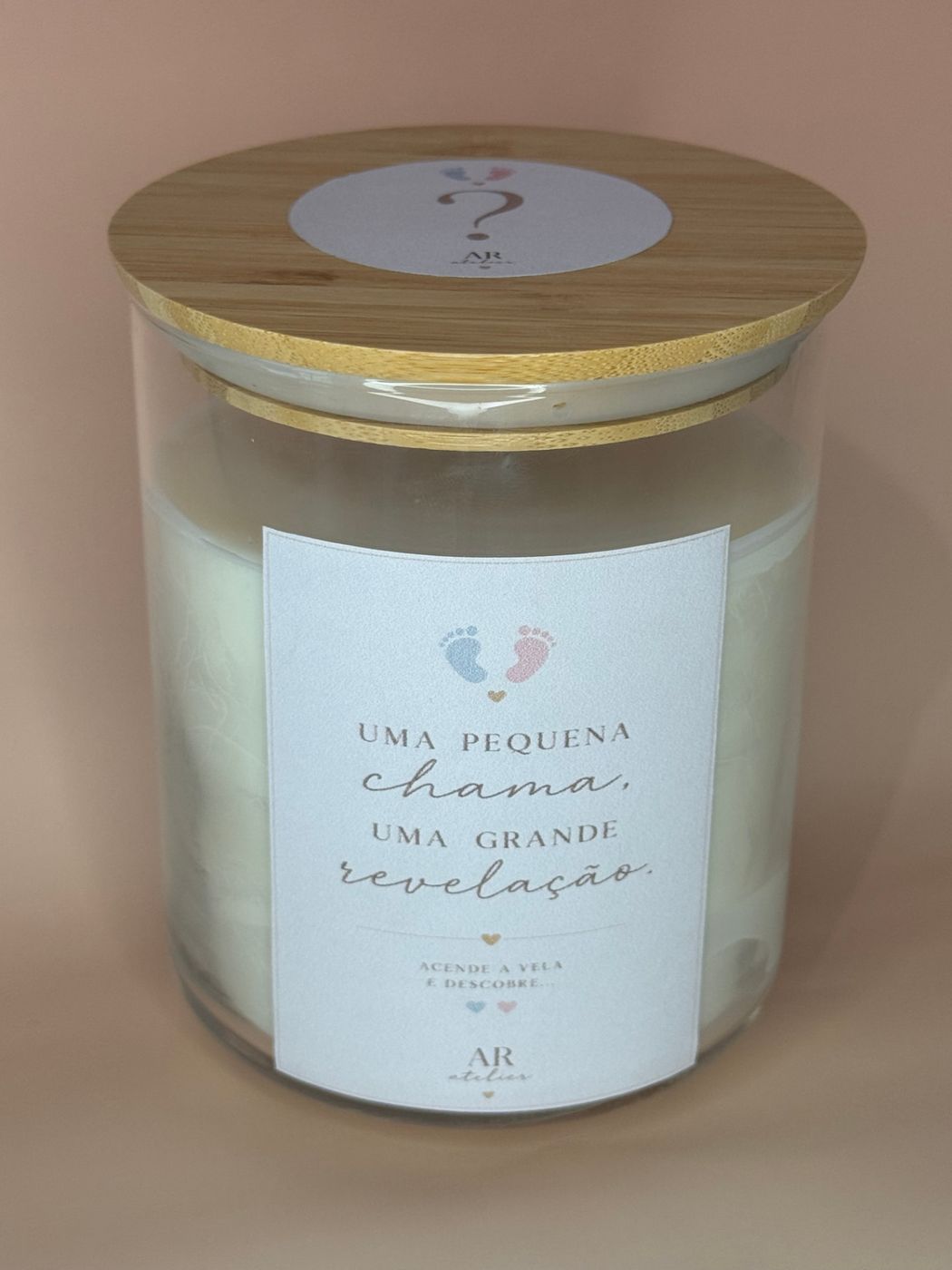 Vela personalizada para chá de revelação de bebé em frasco de vidro com rótulo