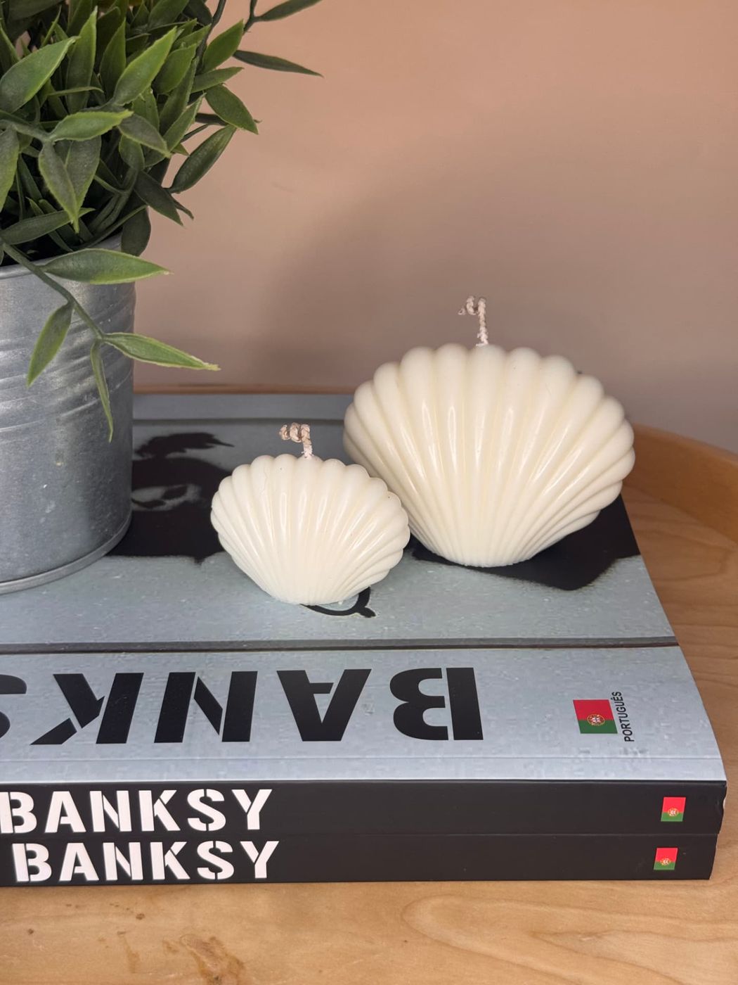 Duas velas decorativas em forma de concha sobre livros
